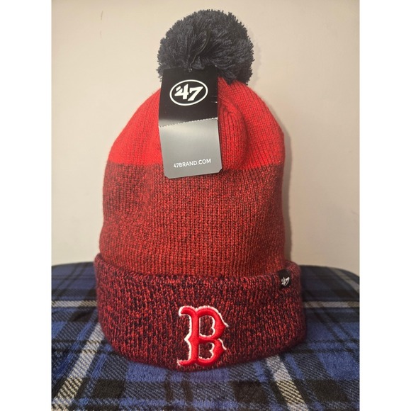 47 Brand Boston Red Sox MLB Pom Beanie Hat Red Navy Blue Knit Cuffed OSFA New - Picture 2 of 4